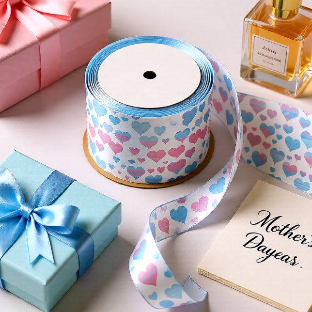 Herz in Baby pink & blau Happy Mother Day Satinband (Pastel Pink Blue Hearts Mother’s Day Satin Ribbon)