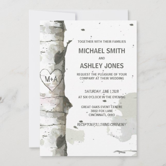 Herz in Bäume mit Initialen Hochzeitsaufenthalte Einladung (Vorderseite)