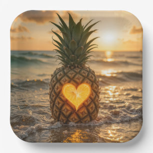 Herz in eine Ananas auf einem Strand geschnitzt Pappteller