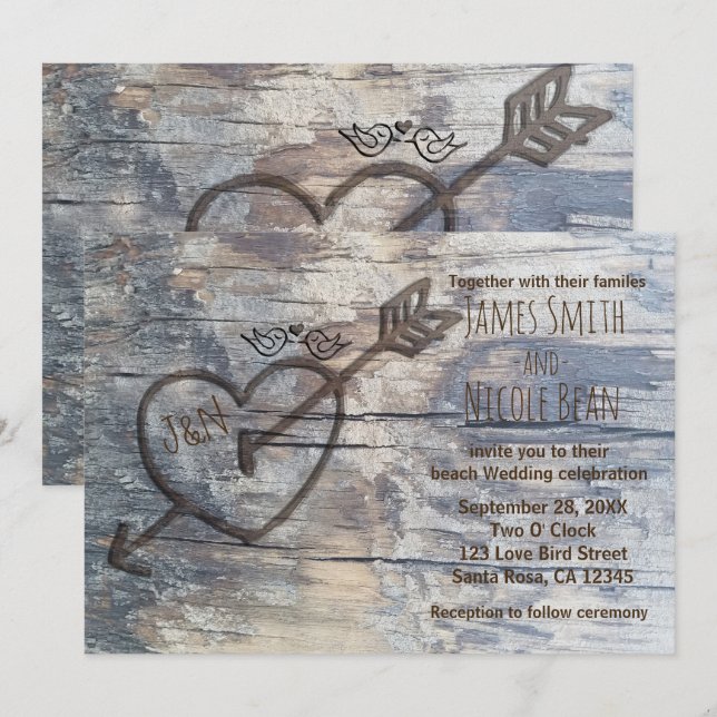 Herz in Holz liebende Vögel Hochzeit Einladung (Vorne/Hinten)