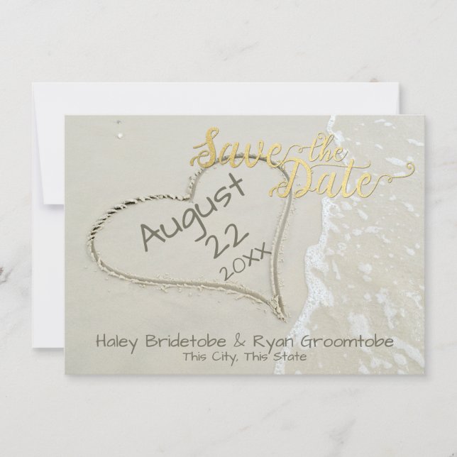 Herz in Sand Beach Hochzeit Save The Date (Vorderseite)