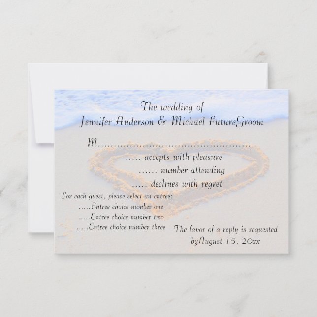 Herz in Sand UAWG Beach Hochzeit RSVP Karte (Vorderseite)