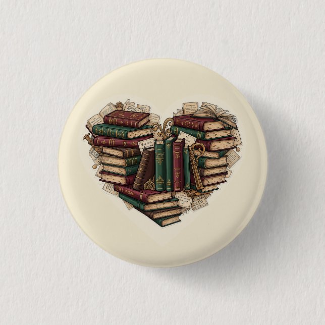 Herz-Knopf 'Buch' | Vintage-Ästhetik-Leser-Pin Button (Vorderseite)