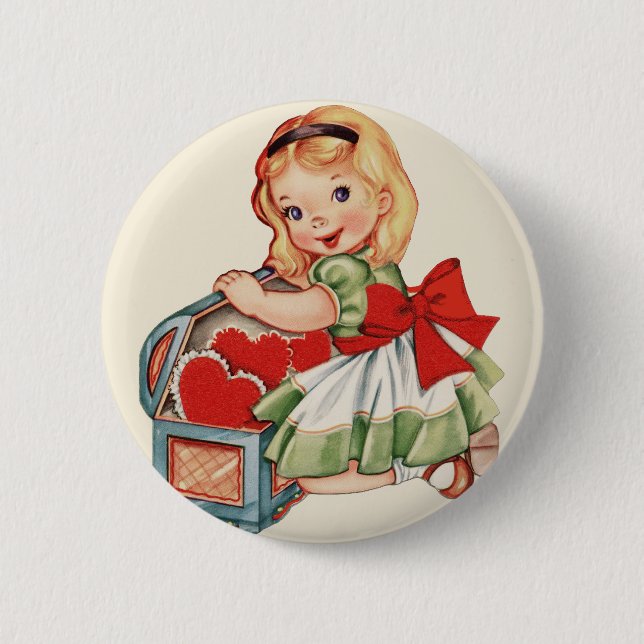 Herz Mädchen Kind Retro Süße Kinder Button (Vorderseite)