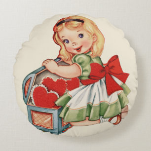 Herz Mädchen Kind Retro Süße Kinder Rundes Kissen
