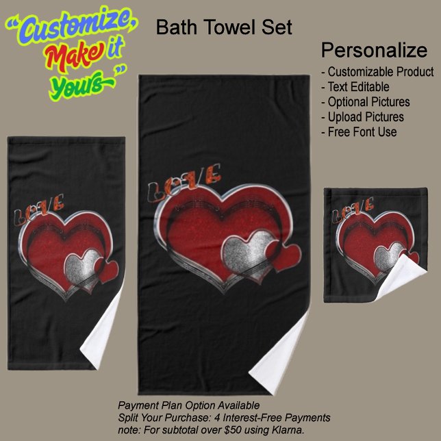 Herz Magic Black Towel Set (Heart Magic Bathroom Towel Set Featuring a Black Background.)