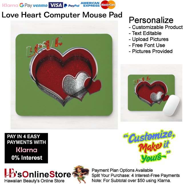 Herz Magic Green Mouse Pad Mousepad (Love Heart Computer Mouse Pad with Green Background.)