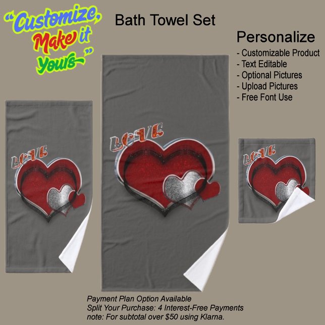 Herz Magic Kohle Badezimmer Handtuchhandtuch Set (Heart Magic Bathroom Towel Set Featuring a Gray Background.)