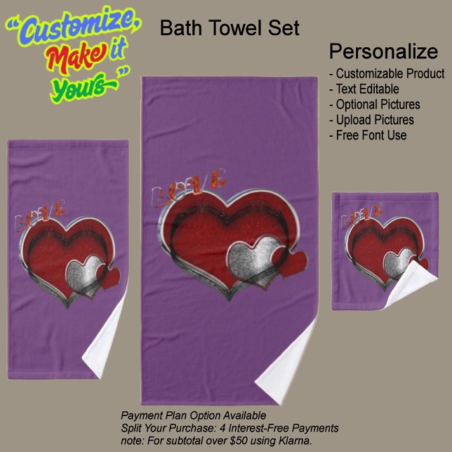 Herz Magic Lila Handtuch Set (Heart Magic Bathroom Towel Set Featuring a Purple Background.)