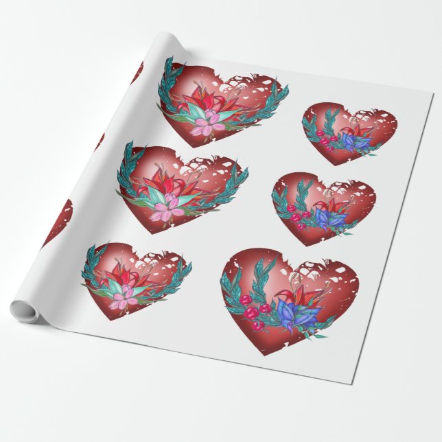 Herz mit blauen und roten Blume und grünen Zweigen Geschenkpapier (Ungerollt)