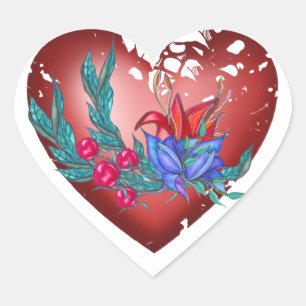 Herz mit blauen und roten Blumen und grünen Zweige Herz-Aufkleber