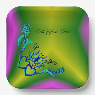 Herz mit Blume und Schmetterling im Tattoo-Stil Pappteller