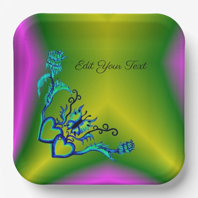 Herz mit Blume und Schmetterling im Tattoo-Stil Pappteller (Vorderseite)