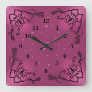 Herz mit Blume und Schmetterling im Tattoo-Stil Quadratische Wanduhr