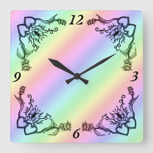 Herz mit Blume und Schmetterling Quadratische Wanduhr (Vorderseite)