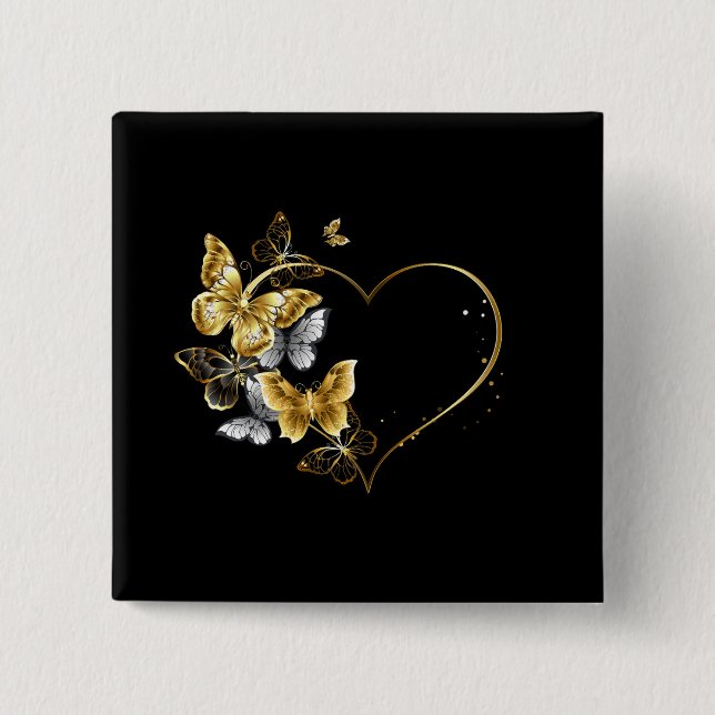 Herz mit goldenen Schmetterlingen Button (Vorderseite)
