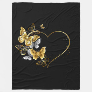 Herz mit goldenen Schmetterlingen Fleecedecke