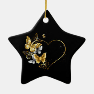 Herz mit goldenen Schmetterlingen Keramik Ornament