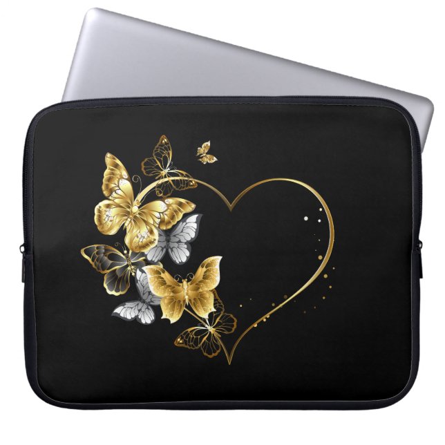 Herz mit goldenen Schmetterlingen Laptopschutzhülle (Vorderseite)