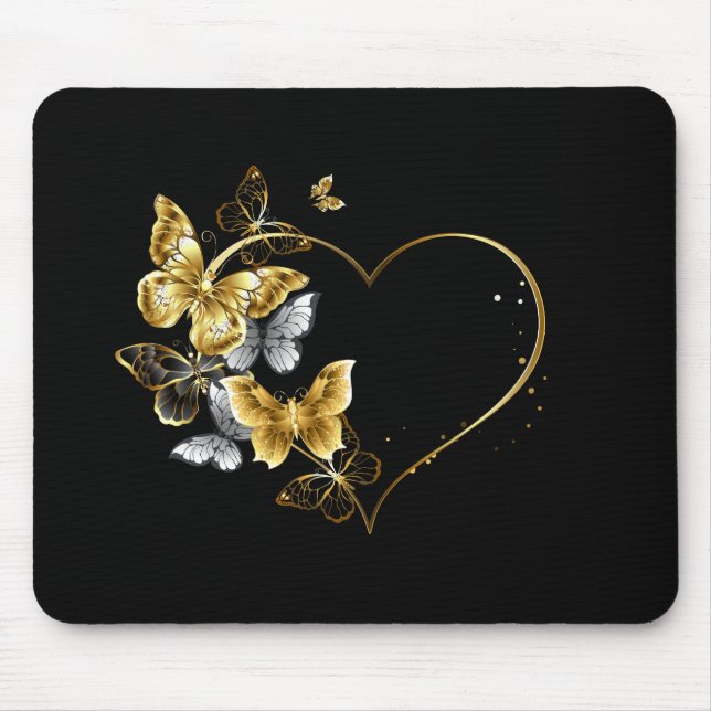 Herz mit goldenen Schmetterlingen Mousepad (Vorne)