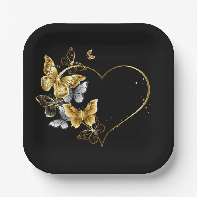 Herz mit goldenen Schmetterlingen Pappteller (Vorderseite)