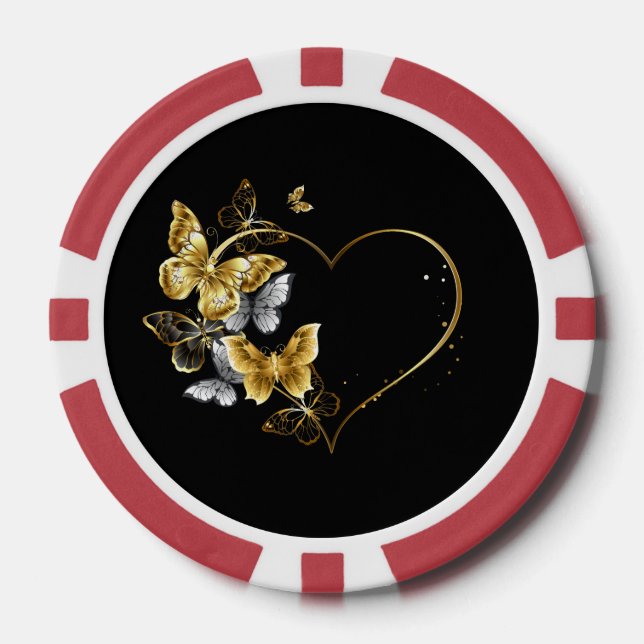 Herz mit goldenen Schmetterlingen Pokerchips (Vorderseite)