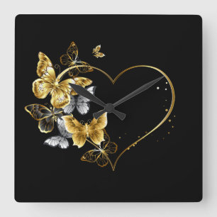 Herz mit goldenen Schmetterlingen Quadratische Wanduhr