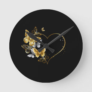 Herz mit goldenen Schmetterlingen Runde Wanduhr