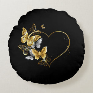 Herz mit goldenen Schmetterlingen Rundes Kissen