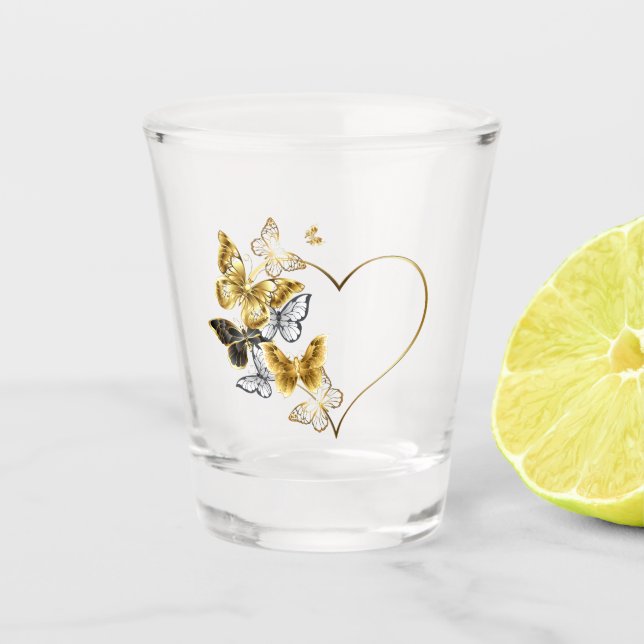 Herz mit goldenen Schmetterlingen Schnapsglas (Vorderseite)