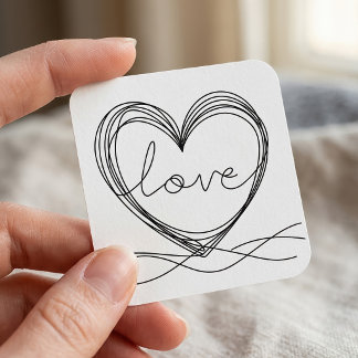 Herz mit "Liebe" in Continuous Line Art Quadratischer Aufkleber