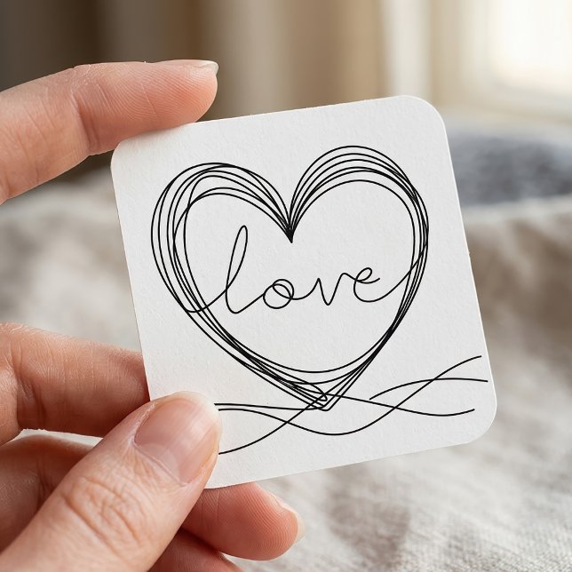 Herz mit "Liebe" in Continuous Line Art Quadratischer Aufkleber (Heart with Love Continuous Line Art Design. Square Sticker)