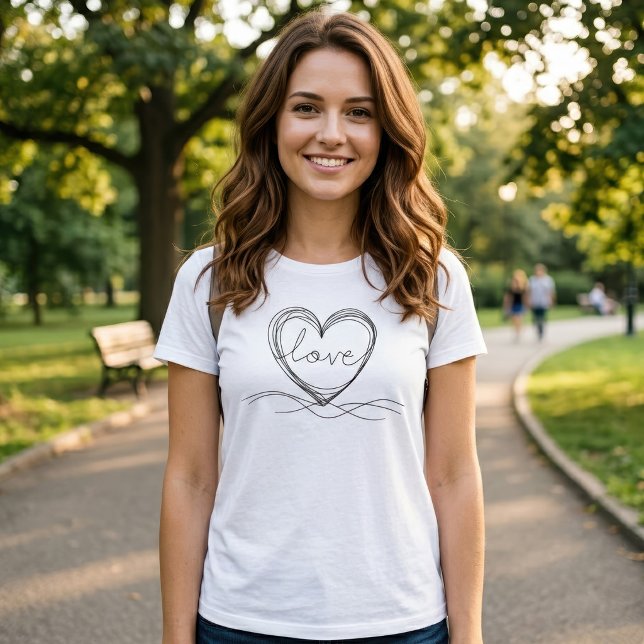 Herz mit "Liebe" in Continuous Line Art T-Shirt (Heart with Love Continuous Line Art Design. Women Basic White T-Shirt)