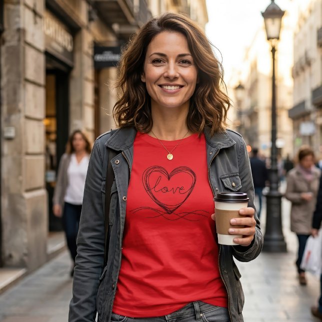 Herz mit "Liebe" in Continuous Line Art T-Shirt (Heart with Love Continuous Line Art Design. Women Basic Red T-Shirt)