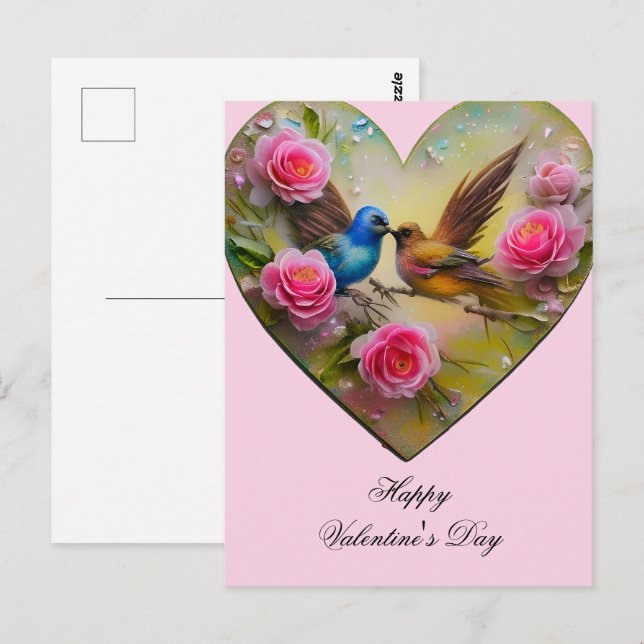 Herz mit rosa Blume und Vögeln Valentine Postkarte (Vorne/Hinten)