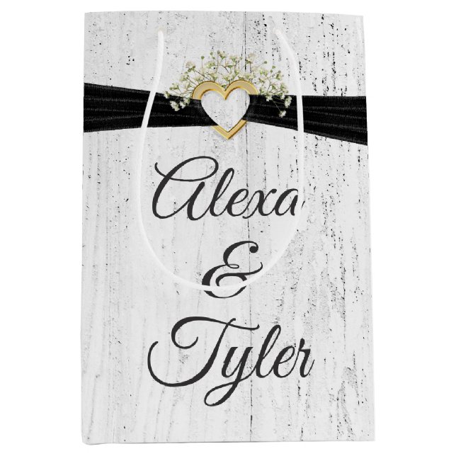 Herz mit schwarzem Band auf weißem Holz Mittlere Geschenktüte (Vorderseite)