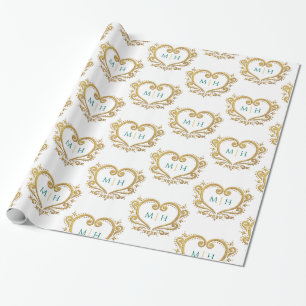 Herz-Monogramm Gold dunkelgrün auf weißer Hochzeit Geschenkpapier