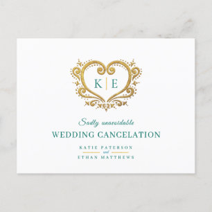 Herz Monogramm Hochzeit Absage Gold Grün Ankündigungspostkarte