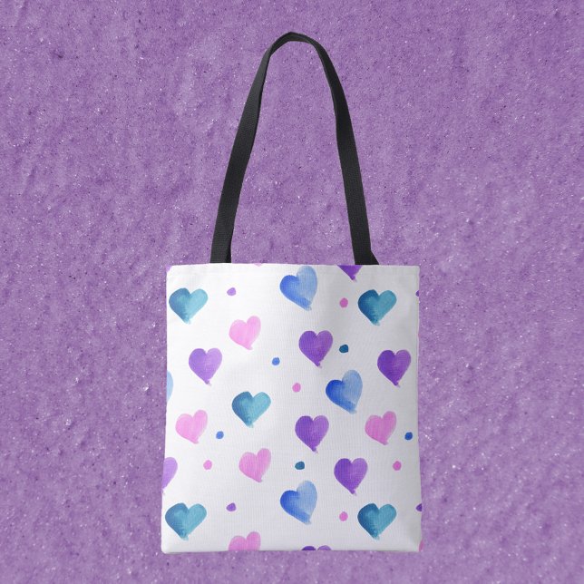 Herz Muster Wasserfarbe Rosa Blau Lila (A tote bag with a watercolor pattern of hearts and dots in pink, blue and purple.)