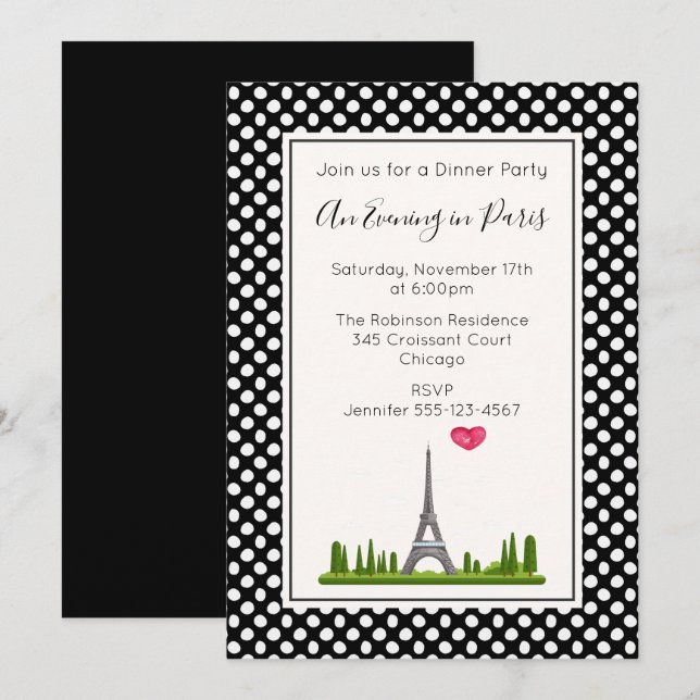 Herz Paris mit Eiffelturm Dinner Party Einladung (Vorne/Hinten)