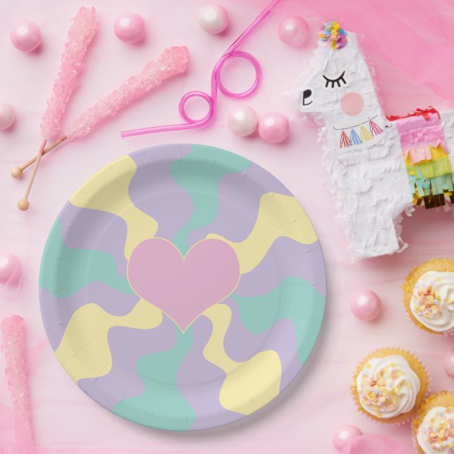 Herz - Pastellrosa, gelb, Lila und grün Pappteller (Party)