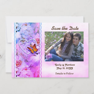 Herz-Perlen, rosa Rosen, Schmetterlinge Rett Datum Save The Date