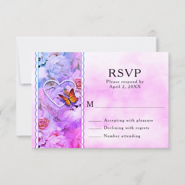 Herz-Perlen, rosa Rosen und Schmetterlinge Hochzei RSVP Karte (Vorderseite)