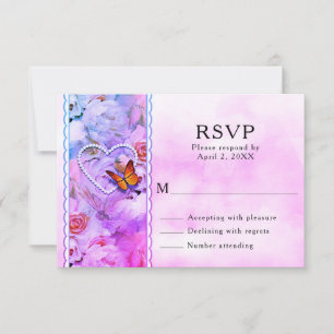 Herz-Perlen, rosa Rosen und Schmetterlinge Hochzei RSVP Karte