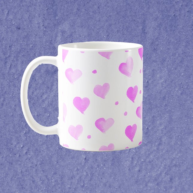 Herz Polka Dot Wasserfarbmuster Pink Kaffeetasse (A mug with a pattern of pink watercolor hearts and polka dots)