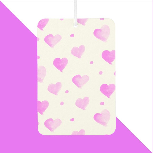 Herz Polka Dots Wasserfarbrosa Muster Autolufterfrischer (An air freshener with a pink watercolor heart pattern.)