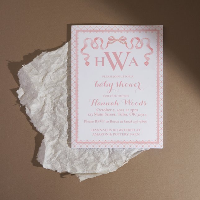 Herz Ribbon Coquette Monogram Babydusche Einladung (Von Creator hochgeladen)