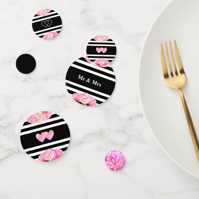 Herz & Rosa Blume auf Schwarz-Weiß-Hochzeit Konfetti (Gruppe)