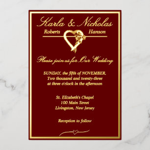 Herz & Rose, Burgund Wedding Gold Full Folieneinladung