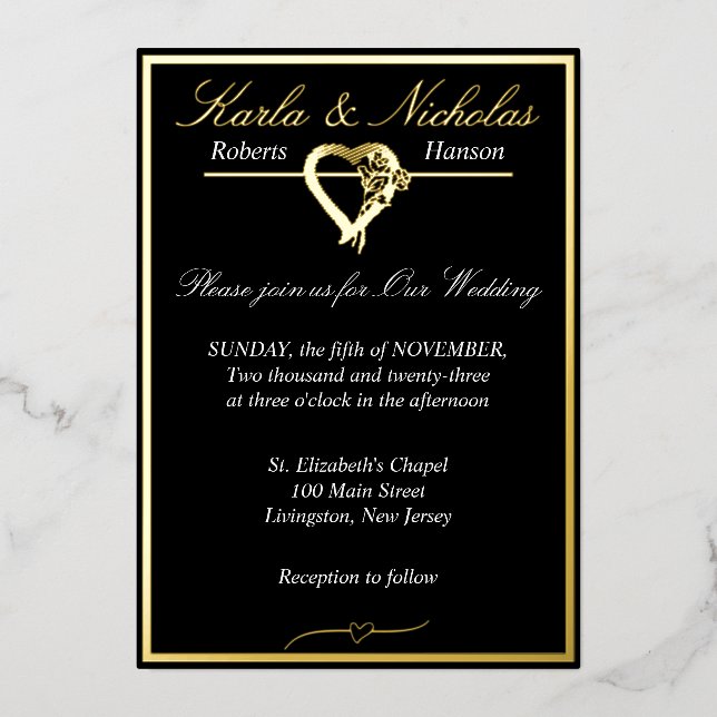 Herz & Rose, elegante Schwarze Hochzeit, breite Gr Folieneinladung (Vorderseite)